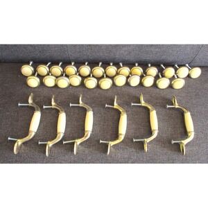 Vintage Brass Cream Ceramic Drawer Knobs Handles Set 24 Knobs 6 Pulls Taiwan